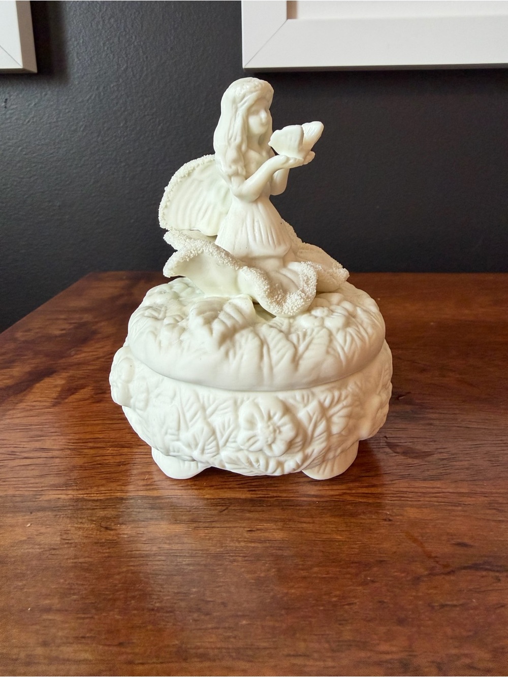 White Porcelain Fairy Trinket Box with Floral Motif
